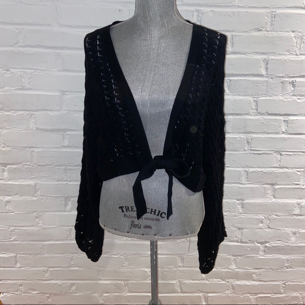 Lane Bryant Black Open Knit Tie-Front Shrug